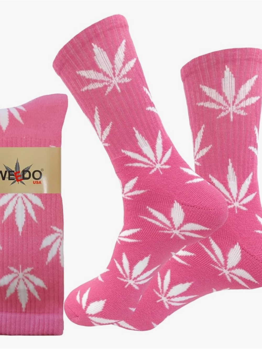 Men’s Pink Weed-Print Crew Socks